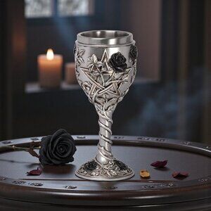 Alchemy Gothic ✦ Rose Pentagram Goblet Black Rose Ritual Chalice Stainless Steel